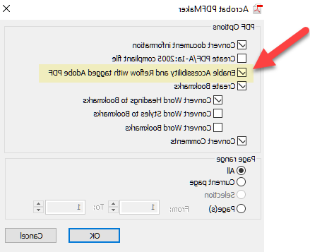 启用可访问性并重新使用已标记的Adobe PDF复选框