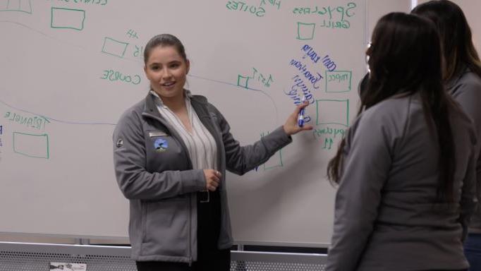 Student explaining an event map on a whiteboard