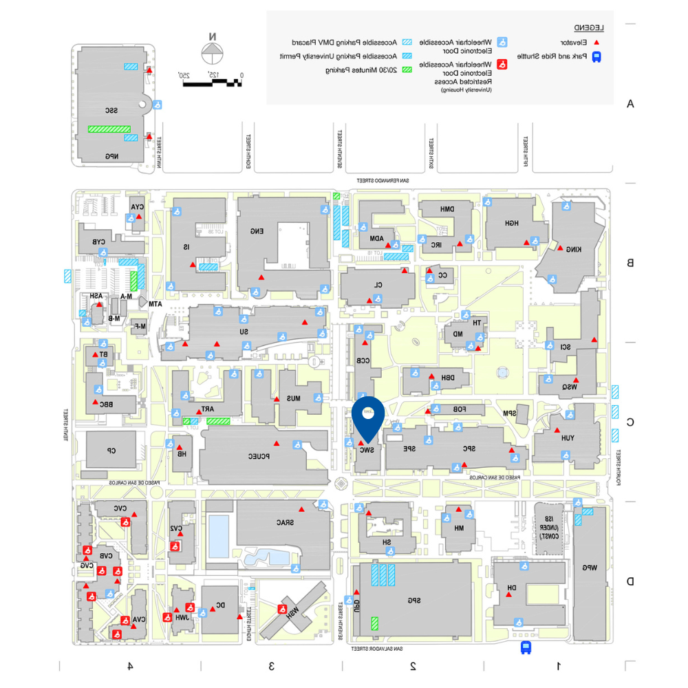 圣何塞州立大学校园地图，在学生健康中心有一个位置别针